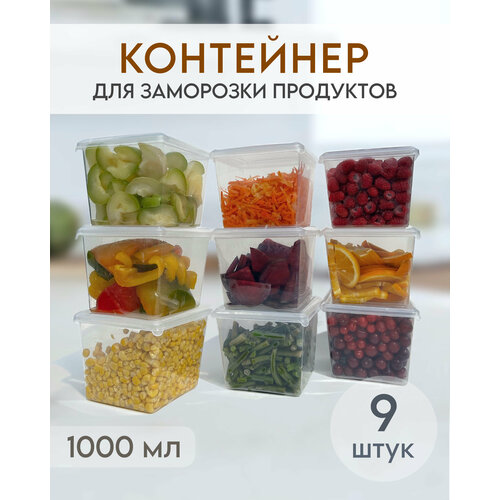 Комплект емкостей контейнеров для заморозки и хранения продуктов, объем 1000 мл, 9 шт. фото