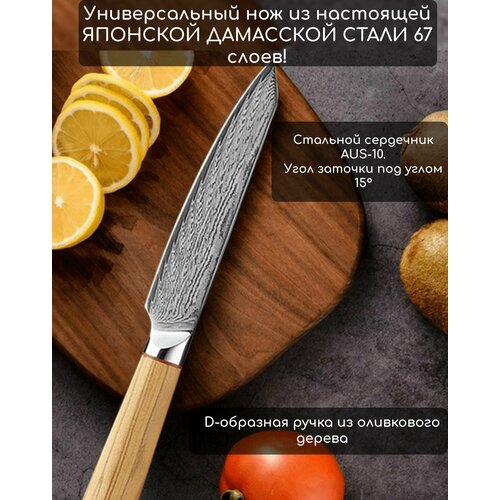 Нож универсальный кухонный из дамасской стали 67 слоев с D-образной ручкой из оливкового дерева фото