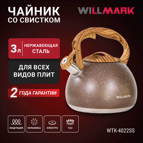 Чайник WILLMARK WTK-4022SS (3л, со свистком, с крышкой, нейлоновая ручка, техн. Easy spout open) фото