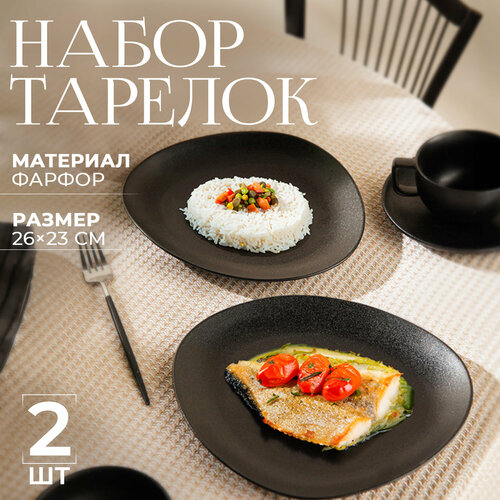 Набор обеденных тарелок на две персоны, фарфоровые, матовые Magistro, 26×23 см фото